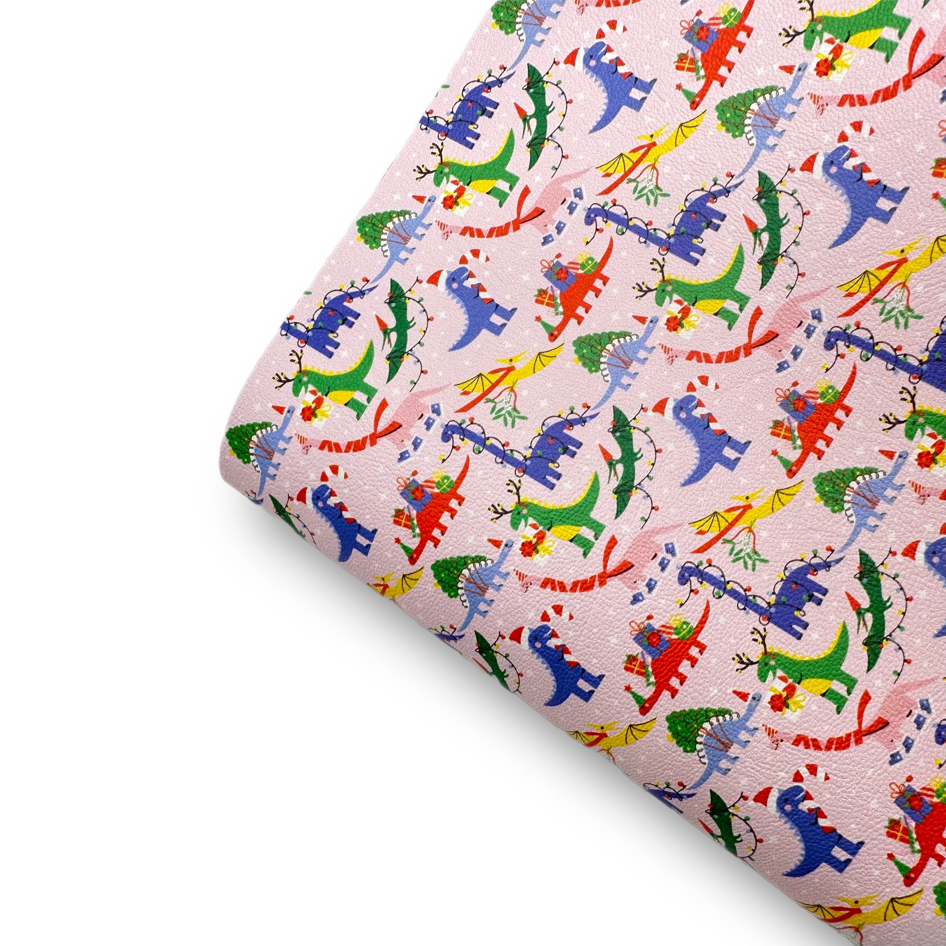 Dino Xmas Pink Premium Faux Leather Fabric Sheets - Eliza Henri