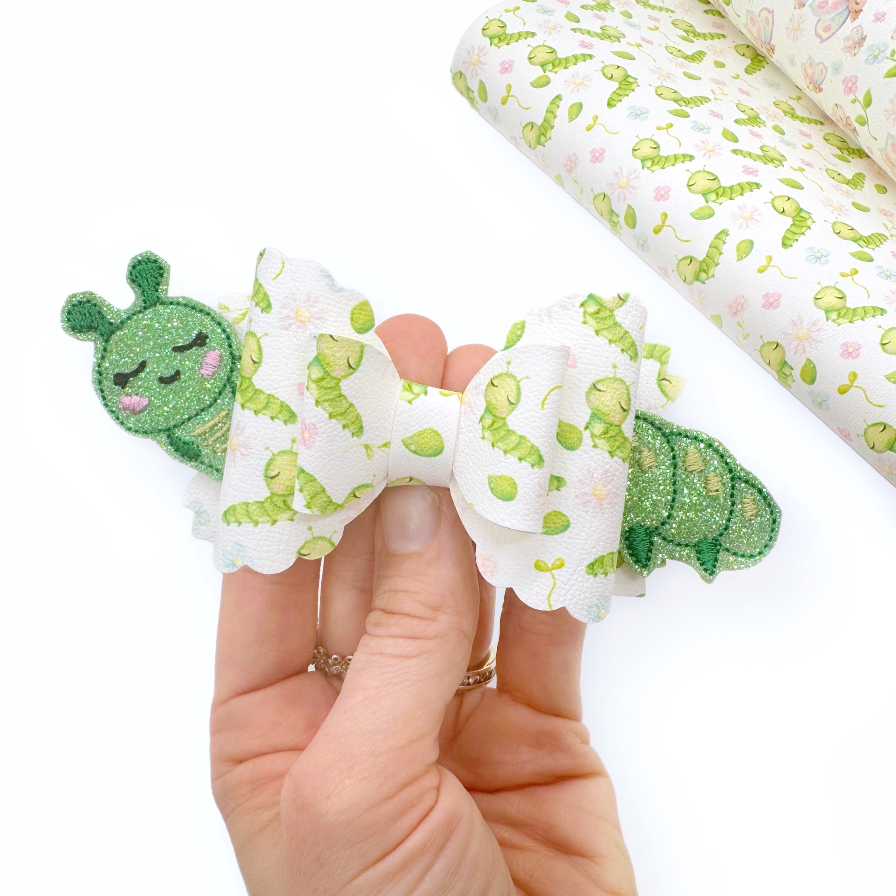 Cuthbert the Caterpillar Glitter Hair Bow Animal Peekas- Embroidered Felties - Eliza Henri