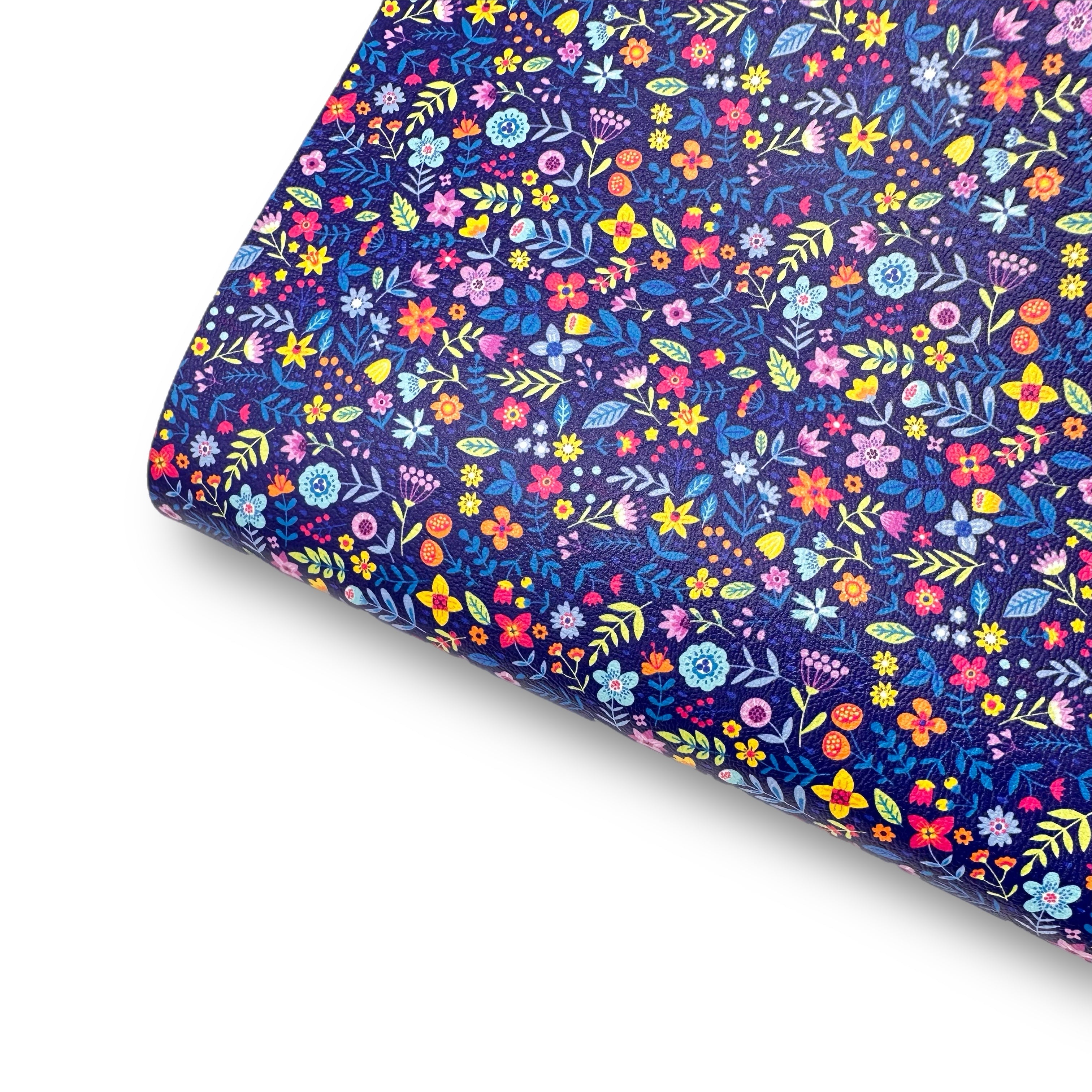 Navy Ditsy Florals Premium Faux Leather Fabric - Eliza Henri