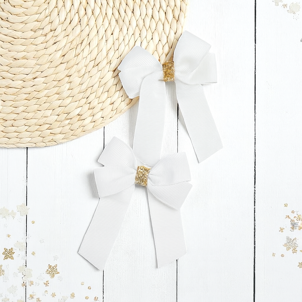 WHITE & GOLD GLITTER GROSGRAIN 4” RIBBON BOW - Eliza Henri