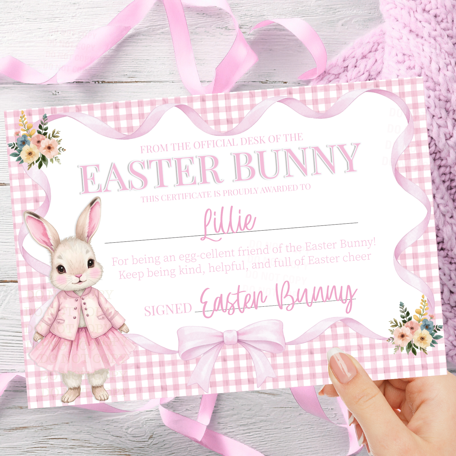PRINTED RANGE - EASTER BUNNY PINK GINGHAM- A4 LANDSCAPE CERTIFICATE - Eliza Henri
