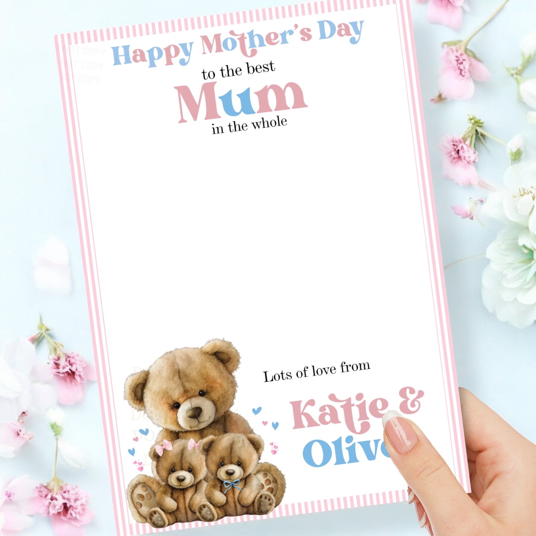 TEDDY BEAR PINK STRIPES UNISEX MOTHERS DAY BEST IN THE GALAXY- PREMIUM CARD - Eliza Henri