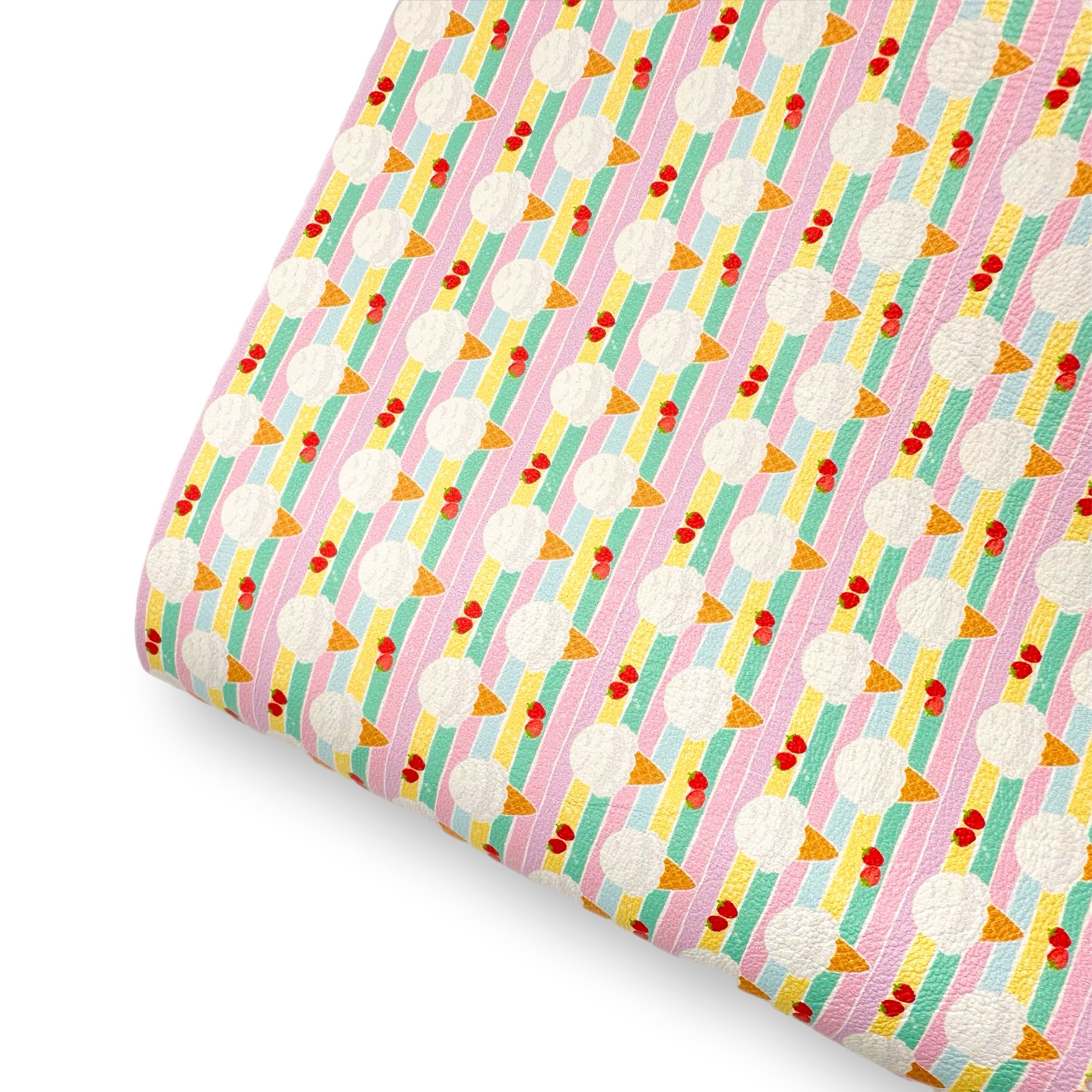 Ice Cream Strawberry Stripes Premium Faux Leather Fabric - Eliza Henri