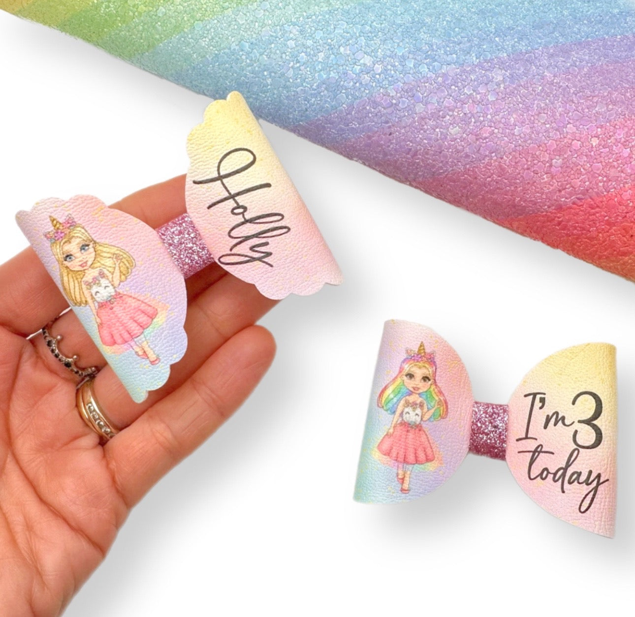 Pastel Rainbow Unicorn Birthday Dolly's 3.5” | Pre Cut DIY Hair Bow Loops - Eliza Henri