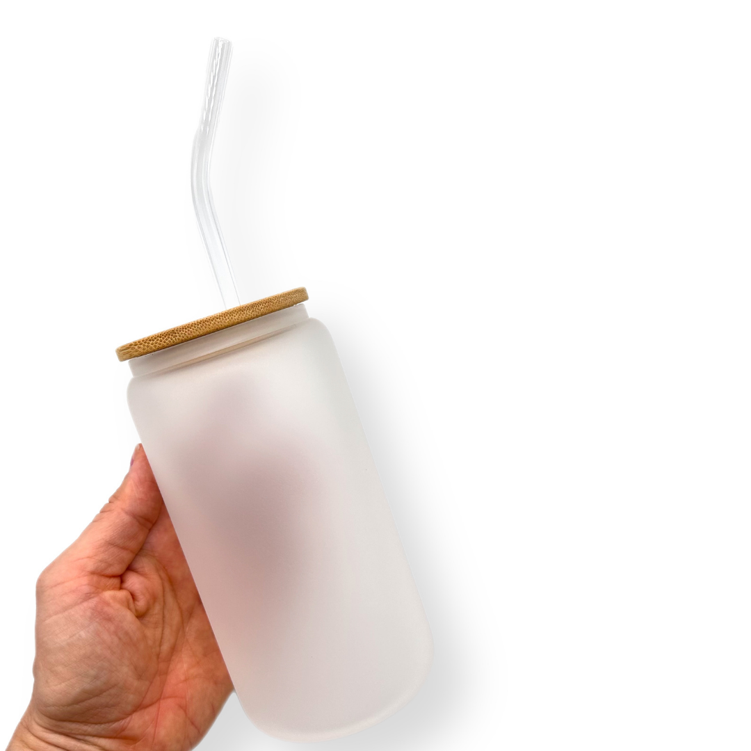 FROSTED GLASS TUMBLER WITH STRAW & BAMBOO LID - 16OZ - Eliza Henri