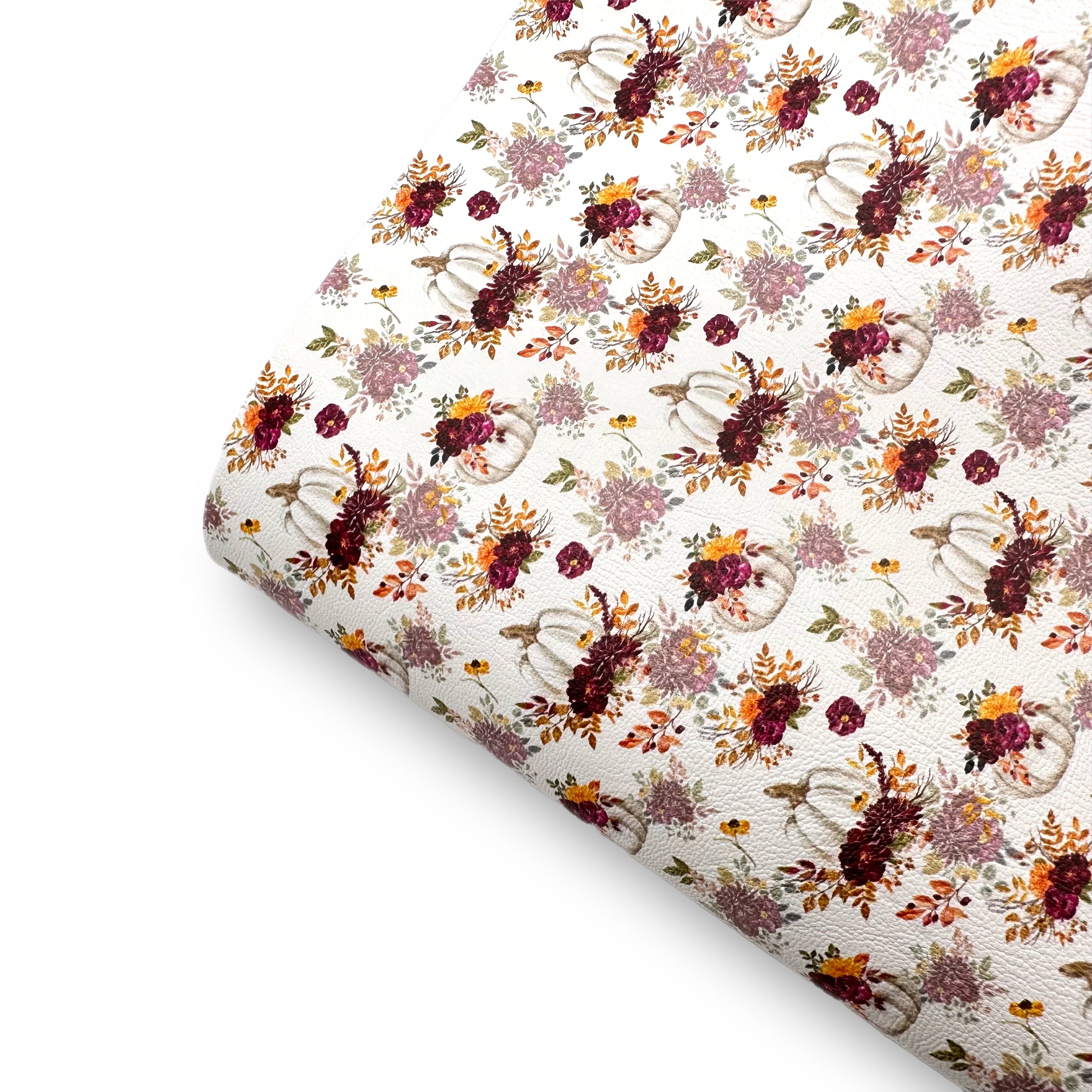 Burgundy Floral White Pumpkins Premium Faux Leather Fabric Sheets - Eliza Henri