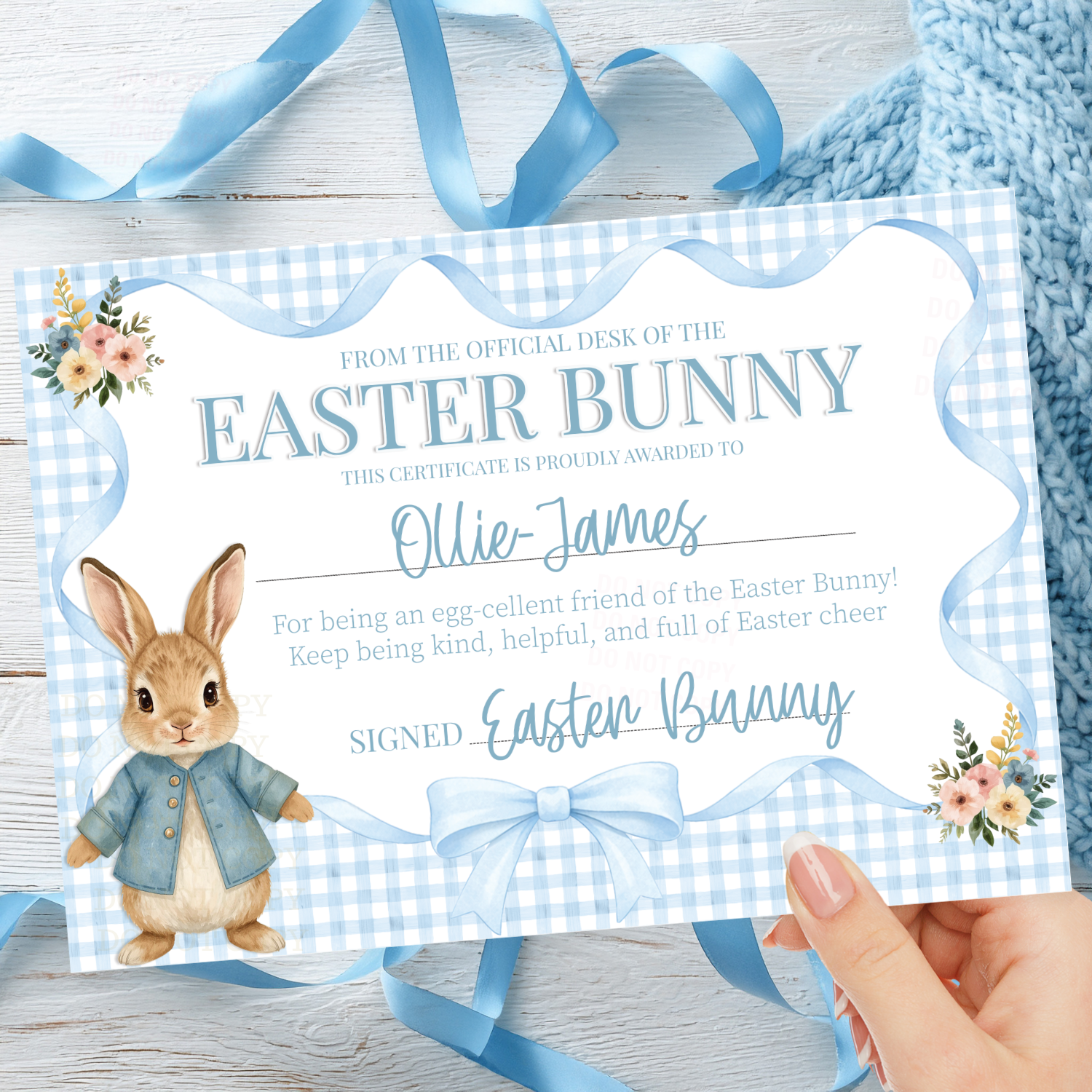 PRINTED RANGE - EASTER BUNNY BLUE GINGHAM- A4 LANDSCAPE CERTIFICATE - Eliza Henri
