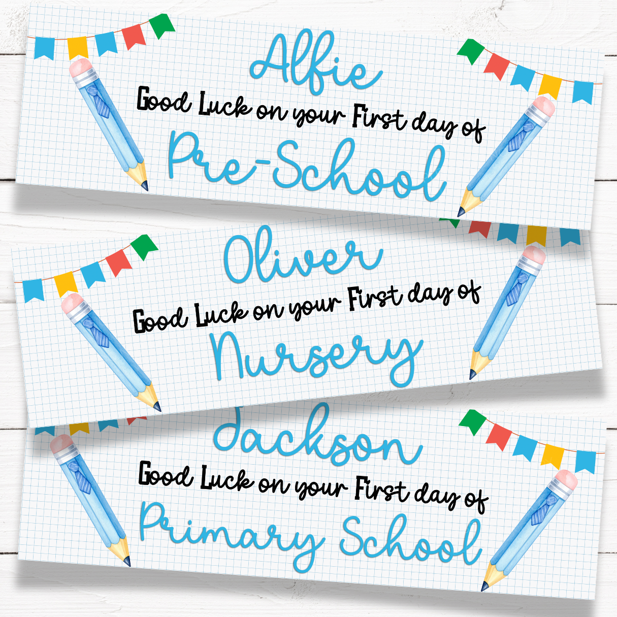BACK TO SCHOOL BLUE PENCIL BANNERS | UV PRINTED PVC | 77CM X 25CM - Eliza Henri