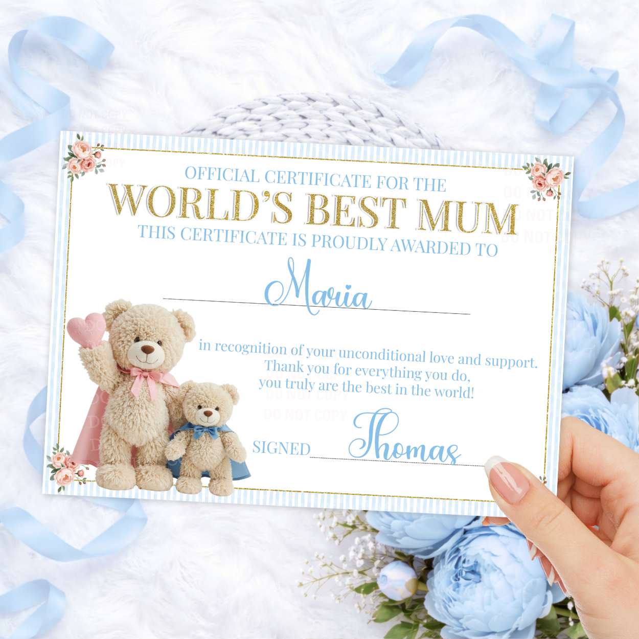 PRINTED RANGE- BLUE SUPER MUM TEDDY CERTIFICATE- MOTHER'S DAY - Eliza Henri