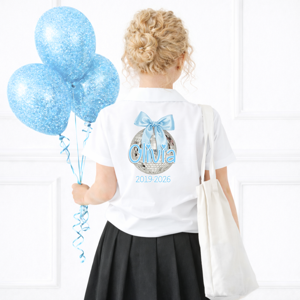 CUSTOM DTF TRANSFER- BLUE DISCO BALL- SCHOOL LEAVERS 2026 - Eliza Henri