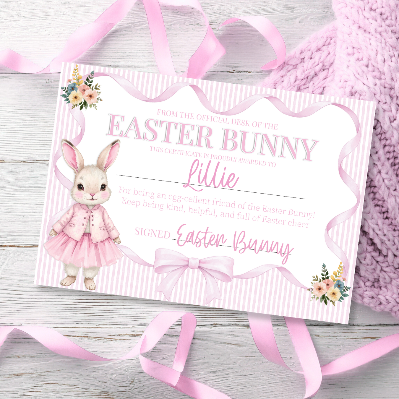 PRINTED RANGE - EASTER BUNNY PINK STRIPE- A4 LANDSCAPE CERTIFICATE - Eliza Henri