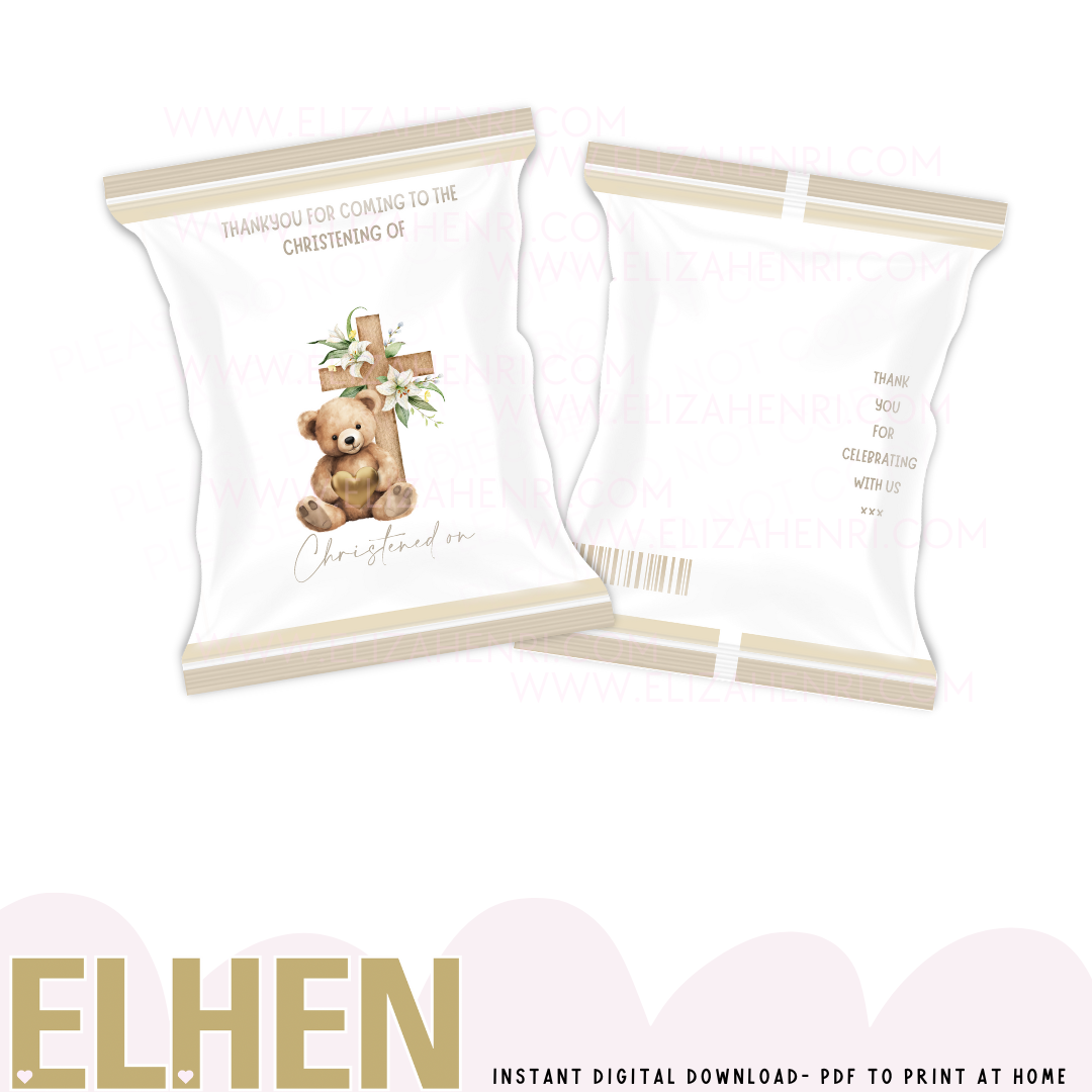 Teddy Gold Heart Christening Treat Pack Design Digital Download - Eliza Henri
