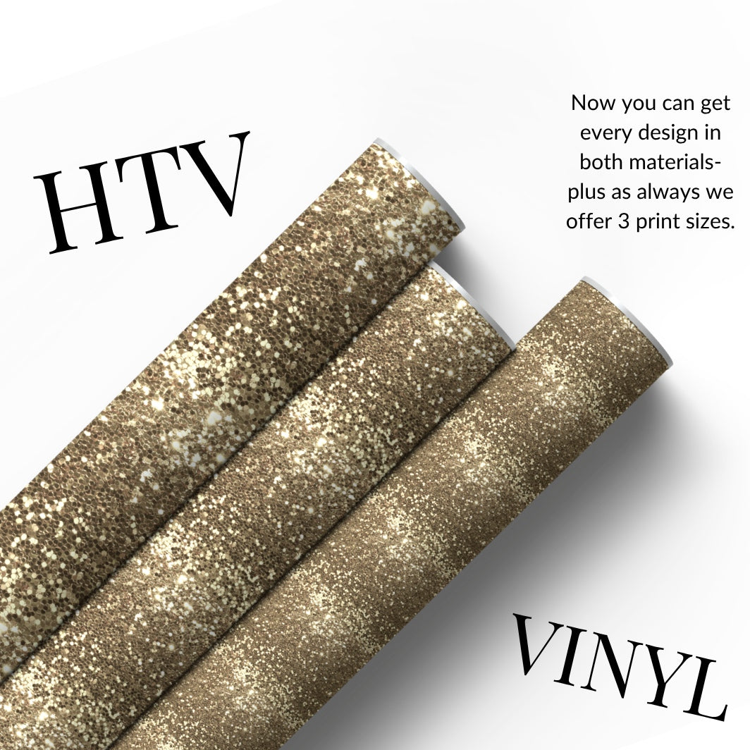 Three rolls of glittery gold HTV vinyl shown diagonally on a white background with promotional text overlays.