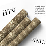 Three rolls of glittery gold HTV vinyl shown diagonally on a white background with promotional text overlays.