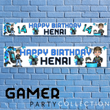Gamer Boy Blue Personalised Faux Leather Party, Birthday & Celebration Banners - Eliza Henri
