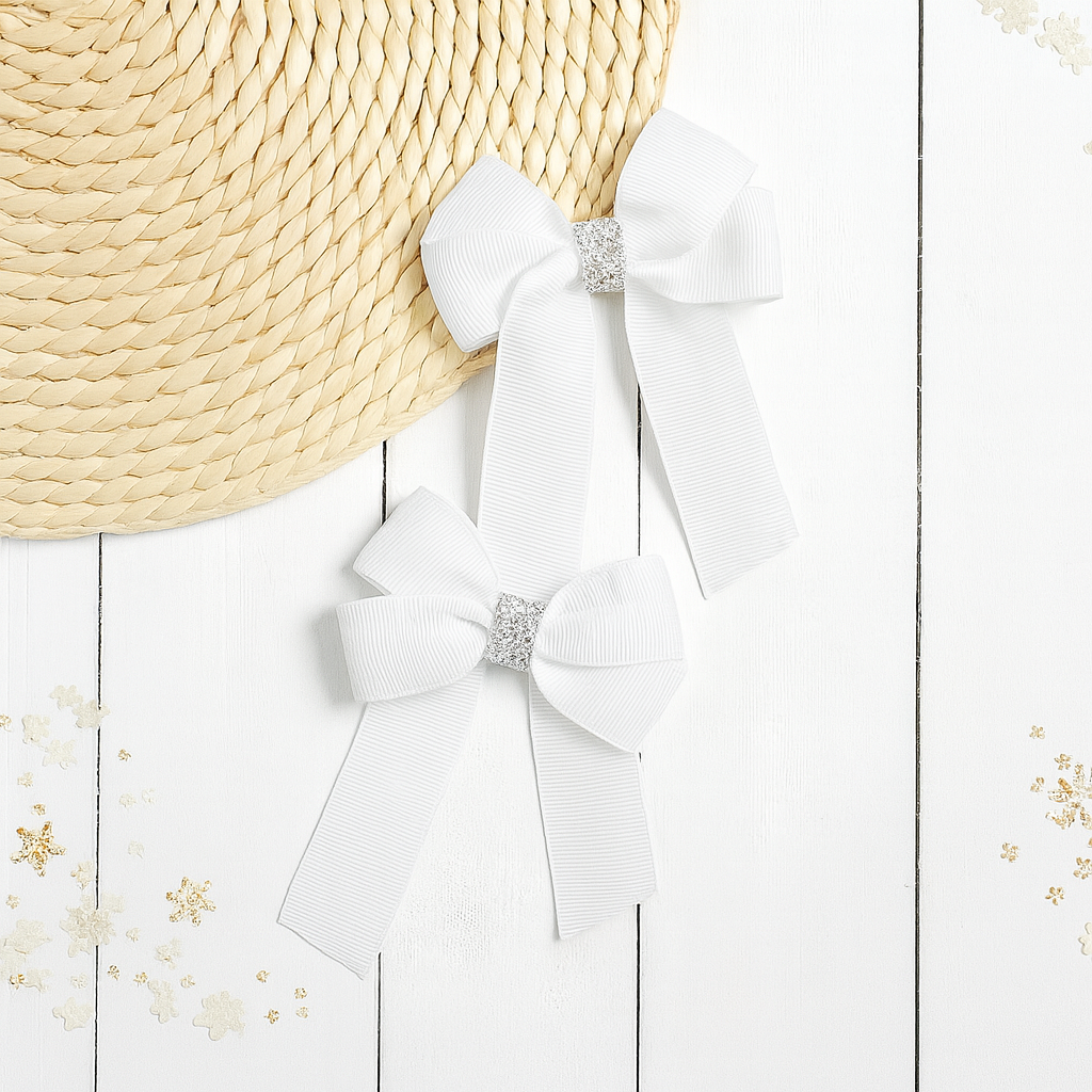WHITE & SILVER GLITTER GROSGRAIN 4” RIBBON BOW - Eliza Henri