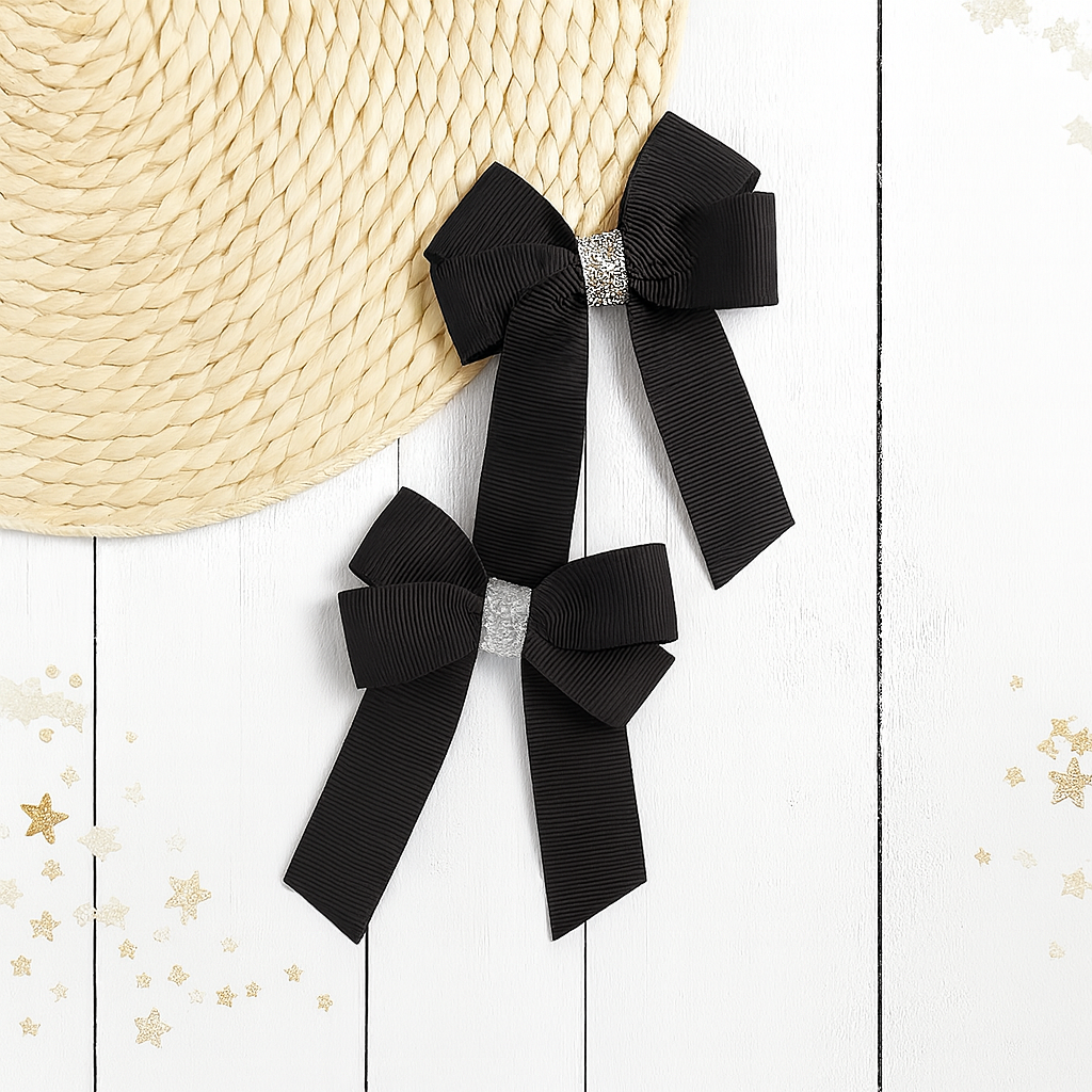 BLACK & SILVER GLITTER GROSGRAIN 4” RIBBON BOW - Eliza Henri