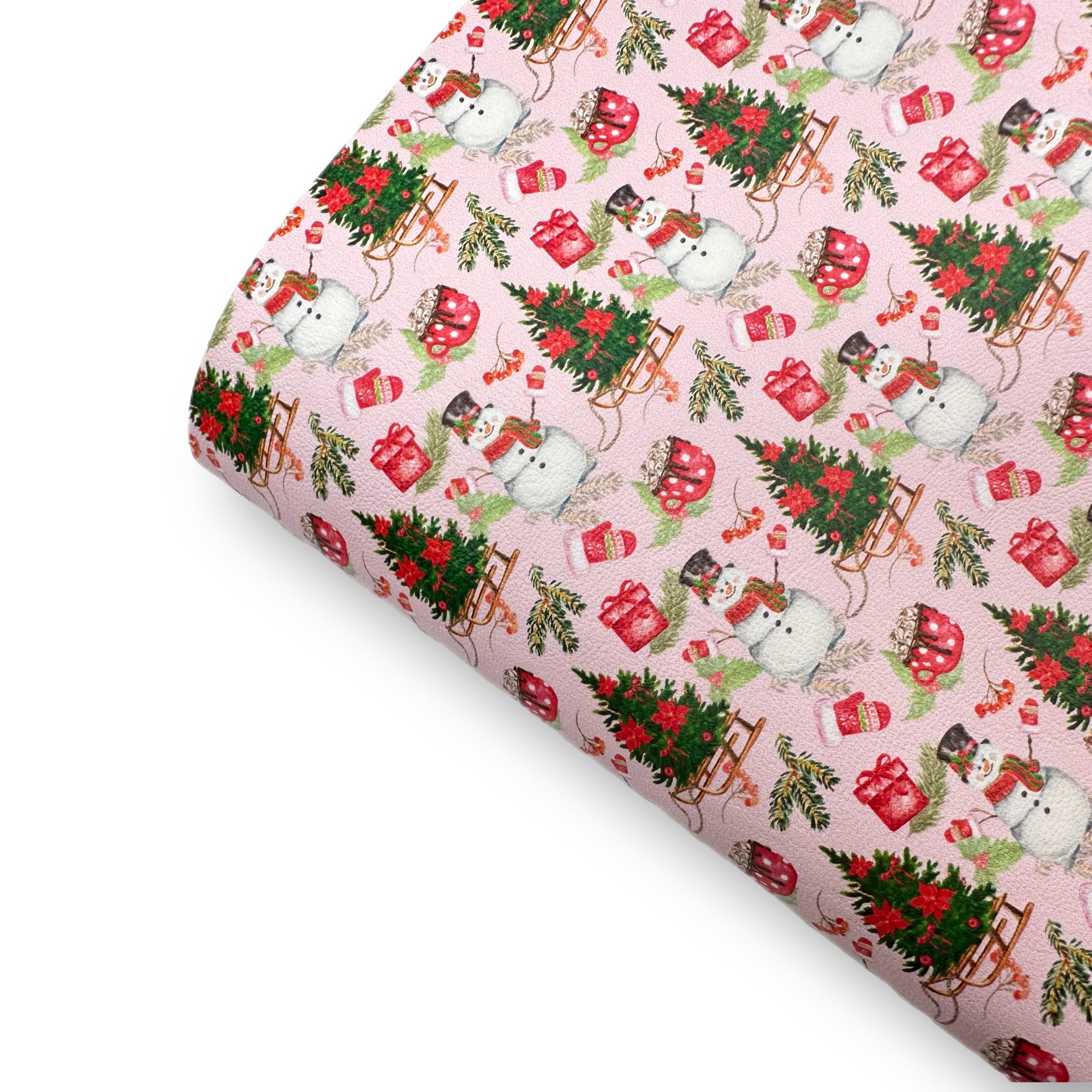 Pink Snowman Sleigh Ride Premium Faux Leather Fabric Sheets - Eliza Henri