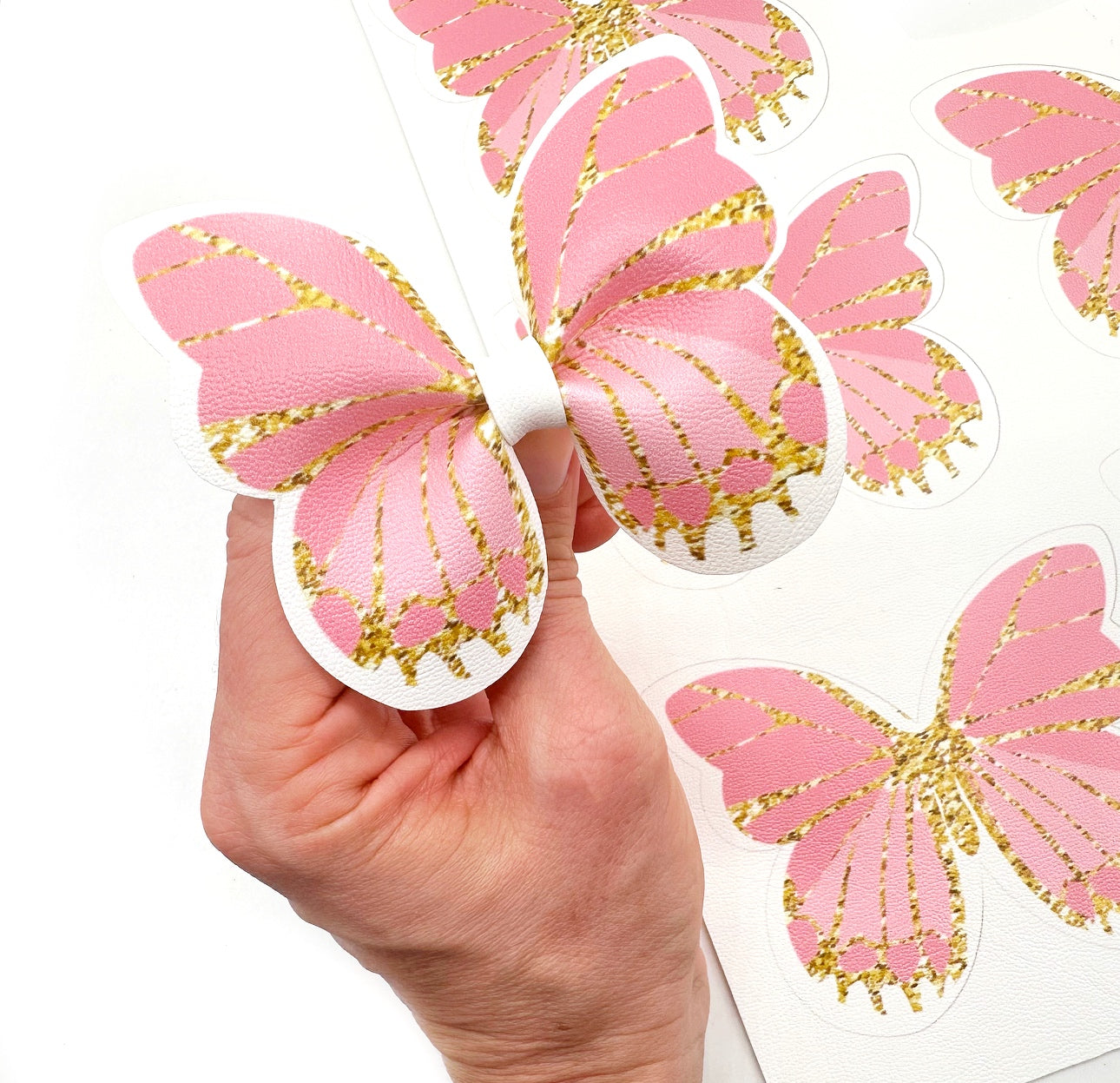Pretty Pink & Gold glitter effect Butterfly Pinch Bows DIY Cut Out Faux Leather Fabric Sheets - Eliza Henri
