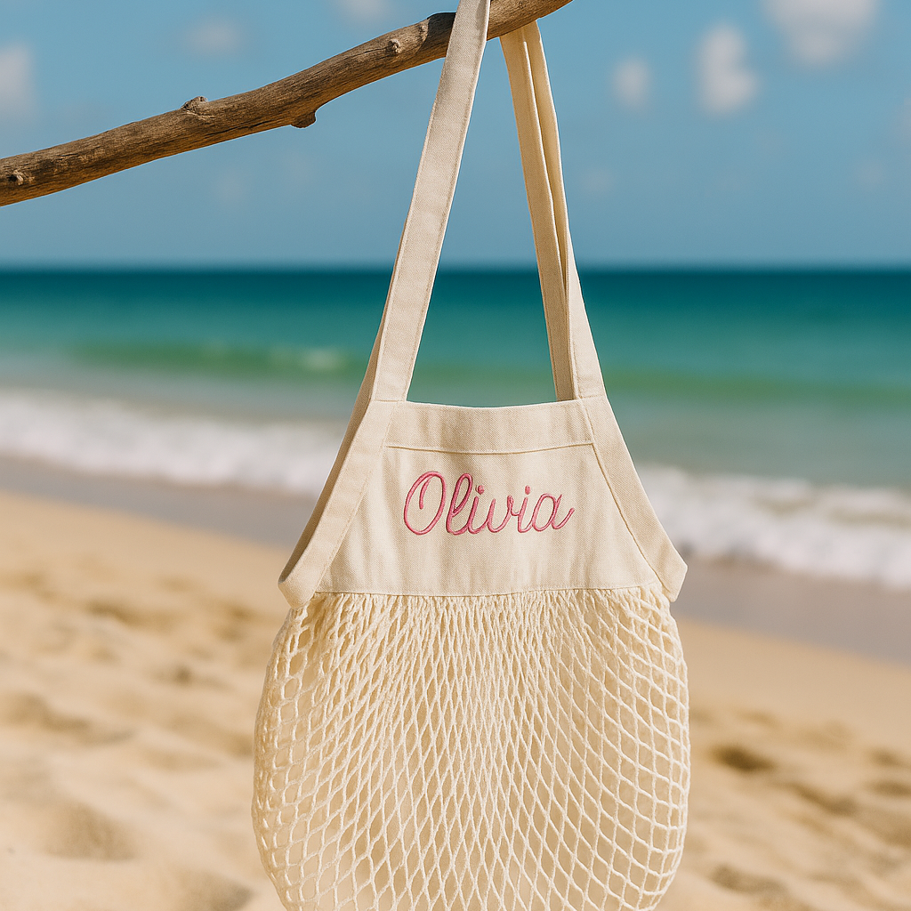 Beige mesh bag with personalised name embroidery on a beach with ocean in the background