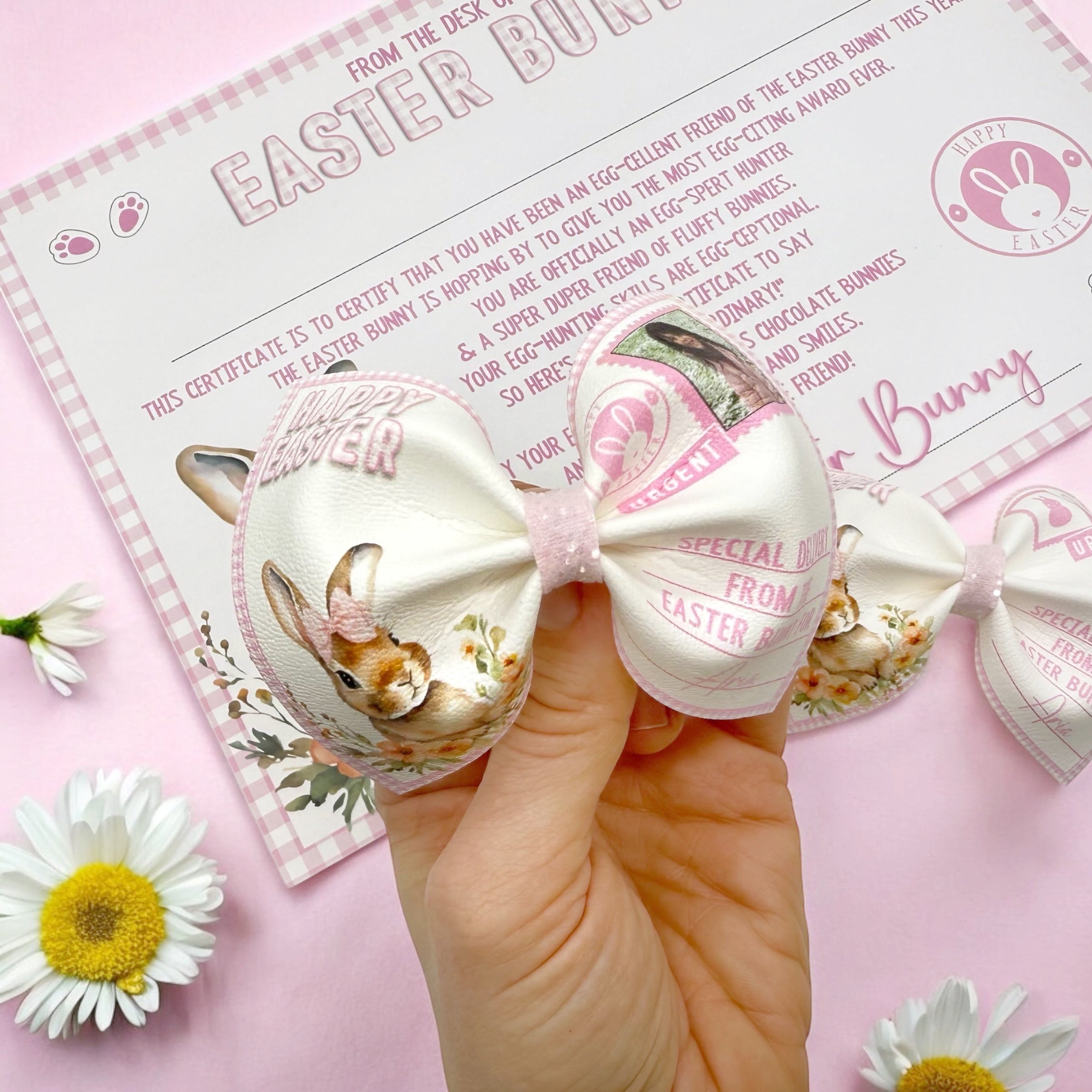 PINK PERSONALISED EASTER BUNNY LETTER FAUX LEATHER DIY PINCH HAIR BOWS - Eliza Henri