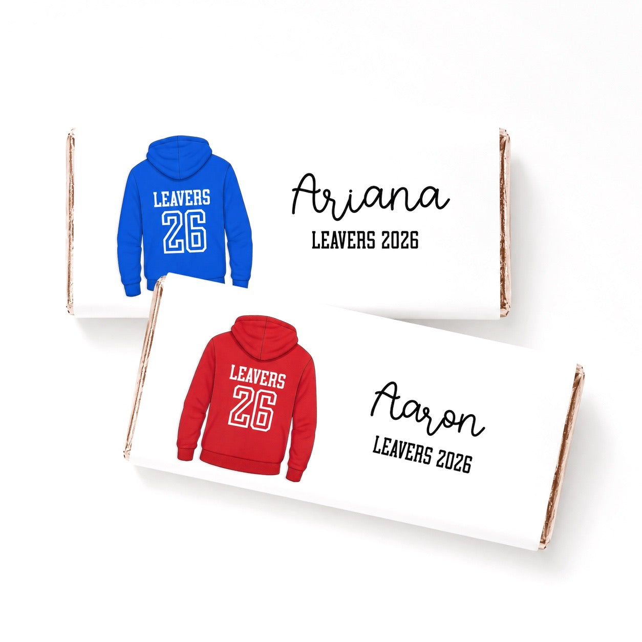 Two leavers hoodies, one blue and one red, with personalised names and numbers on a chocolate bar wrapper 