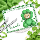 ST PATRICK'S DAY- SHAMROCK BEAR WITH BOWS- PREMIUM LEATHERETTE PLACEMAT