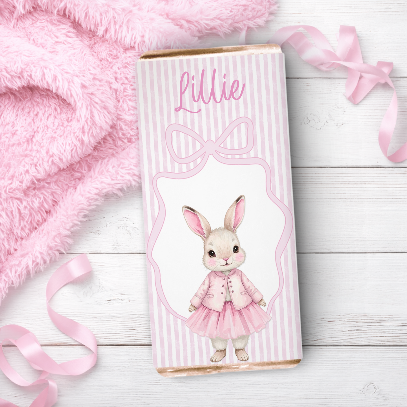 EASTER-  PINK RIBBON STRIPE BUNNY- CHOCOLATE WRAPPERS - Eliza Henri