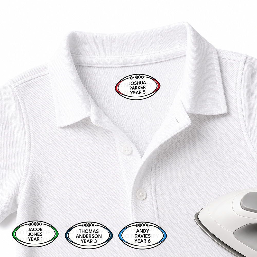 CUSTOM DTF CLOTHING LABELS- RUGBY- IRON ON