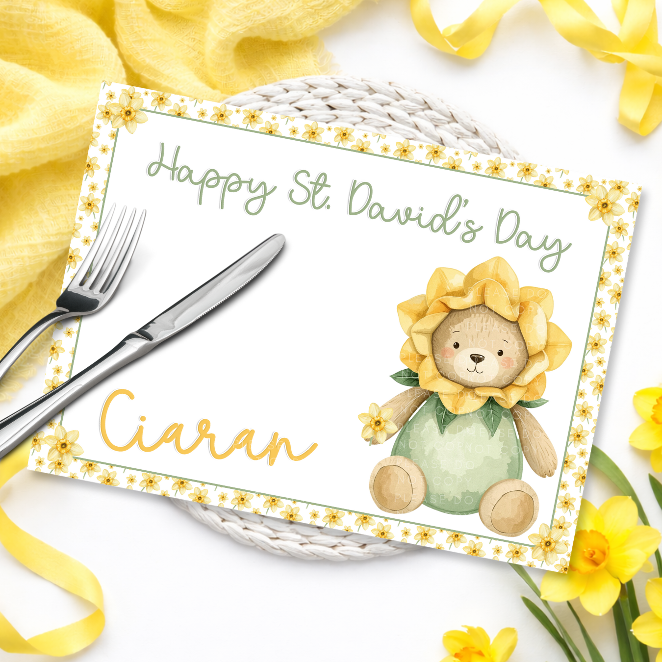 ST DAVID'S DAY- DAFFODIL BEAR- PREMIUM LEATHERETTE PLACEMAT - Eliza Henri