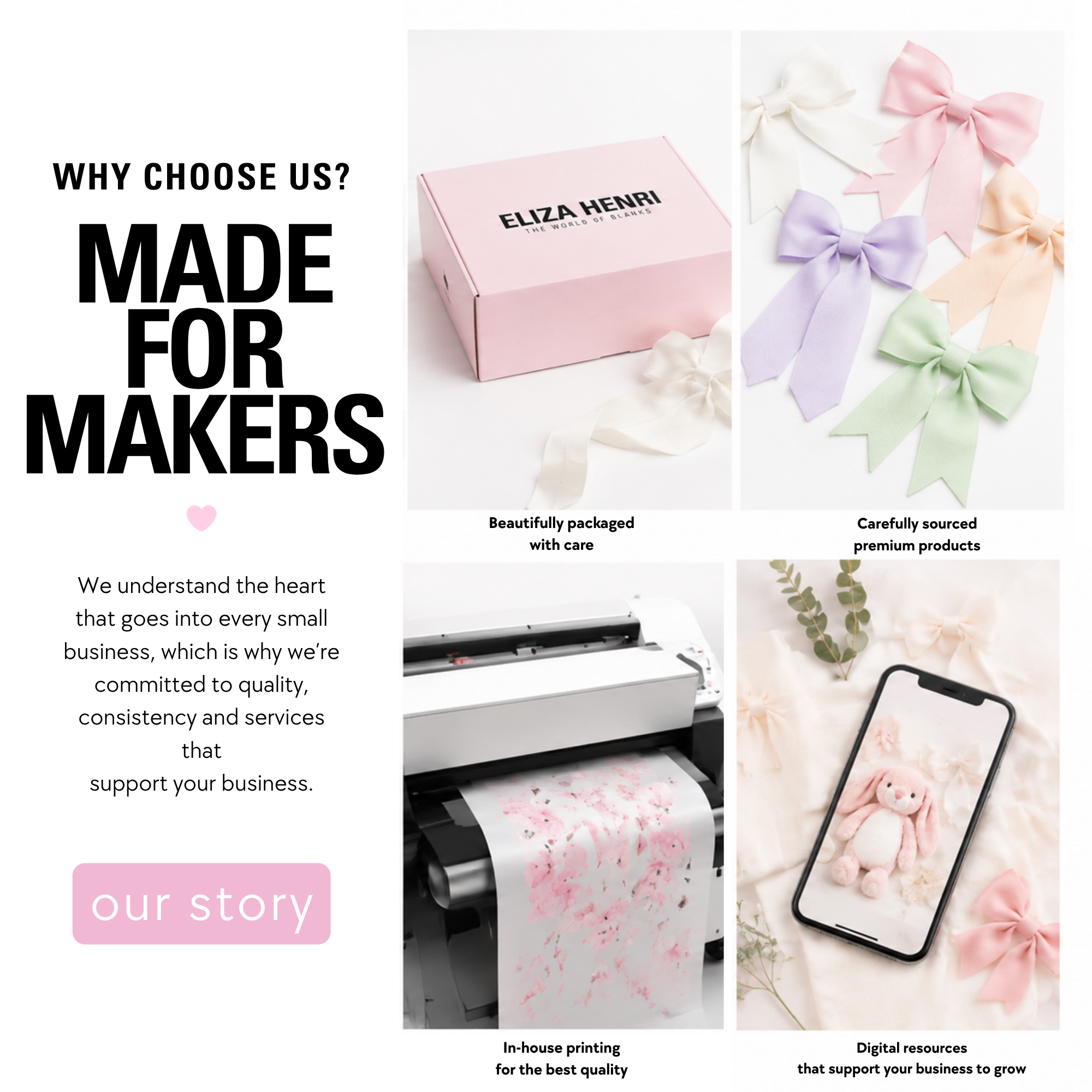 Promotional graphic for Eliza Henri, showcasing packaging, products, and digital resources with text about their blanks & printing services.