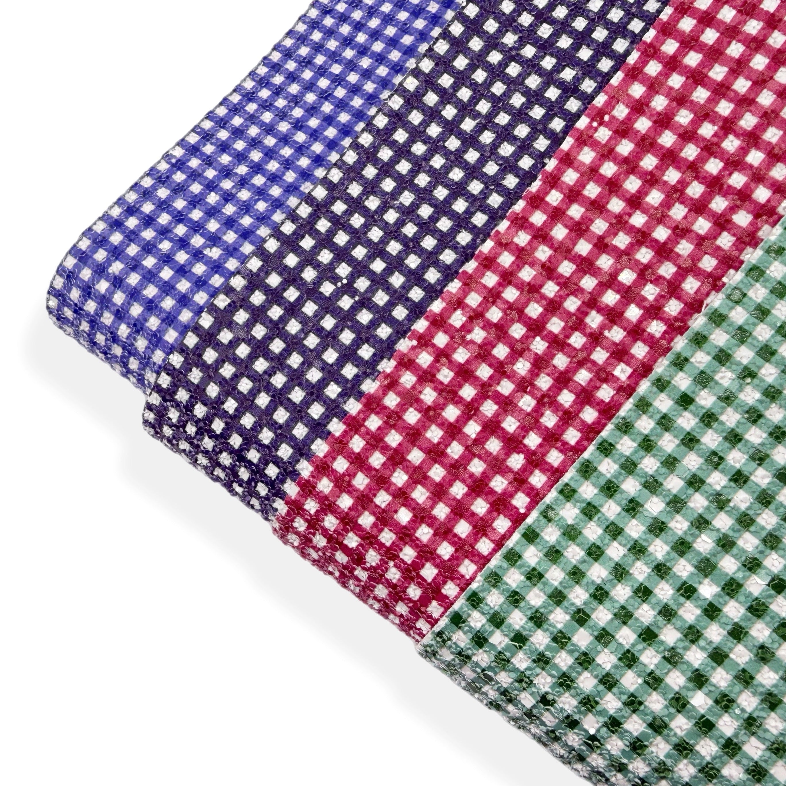 gingham glitter fabric in blue, red, navy and green for bow making and crafting