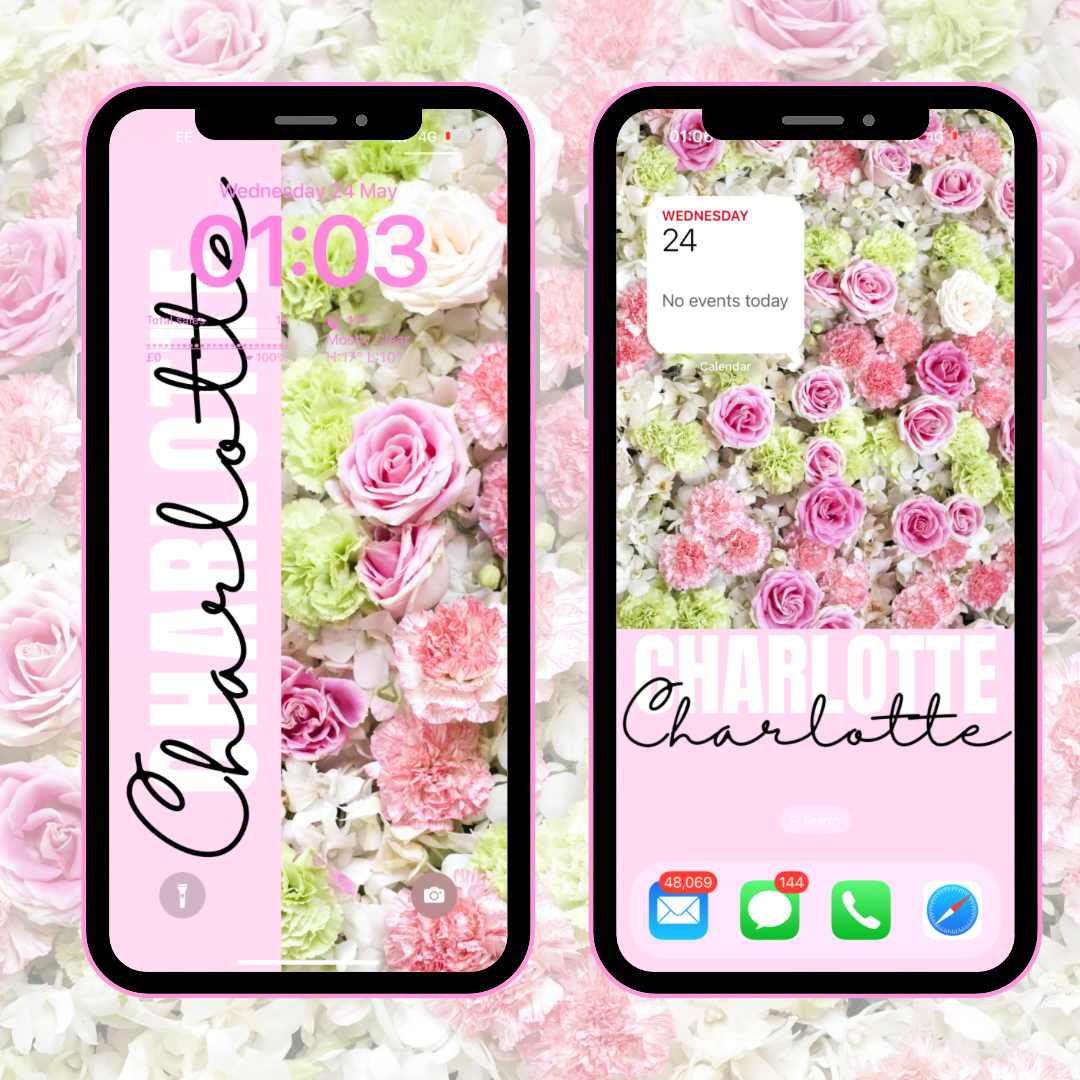 Pink & Green Flower Wall Personalised Phone Wallpaper- Set of 2 - Eliza Henri