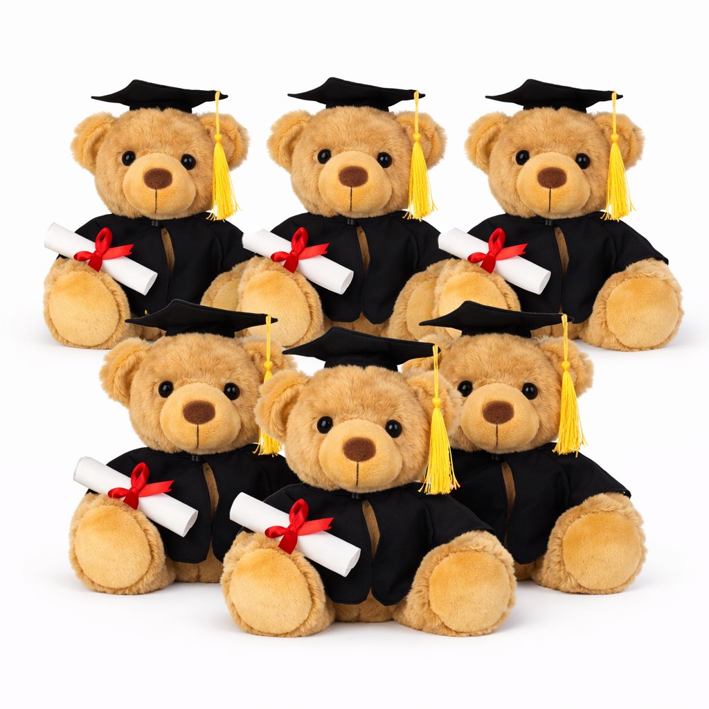 Wholesale teddy bears in graduation outfits with caps and gowns on a white background