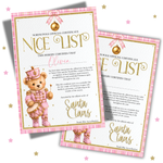 Pink Nutcracker Teddy Bear- Santa Claus Nice List Certificates - A4 Premium Card Blanks - Eliza Henri