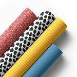 Four rolls of patterned faux leather western cowboy themed fabrics