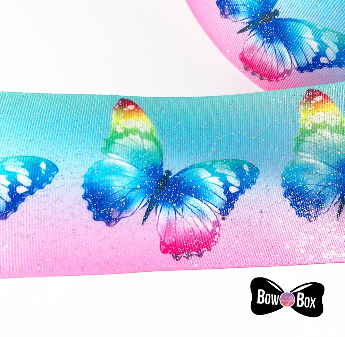 Pink Aqua Butterfly Glitter Grosgrain Ribbon 3'' - Eliza Henri