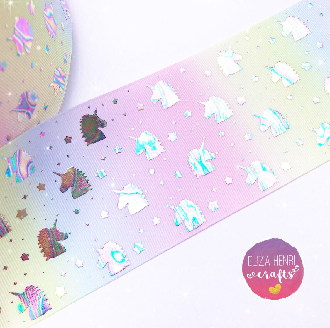 Pastel Rainbow Mini Holographic Unicorn Heads Foil Grosgrain Ribbon 3'' - Eliza Henri
