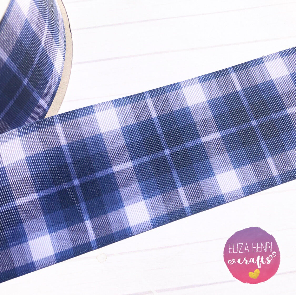 Navy, Blue & White Tartan Grosgrain Ribbon 2'' or 3'' - Eliza Henri