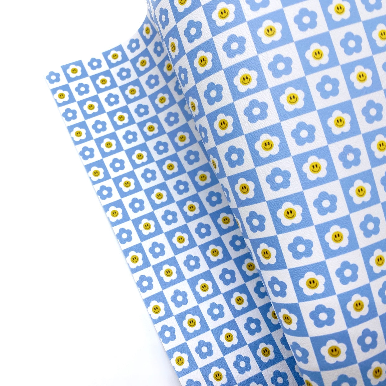 Daisy Blue Flower Check Premium Faux Leather Fabric Sheets - Eliza Henri