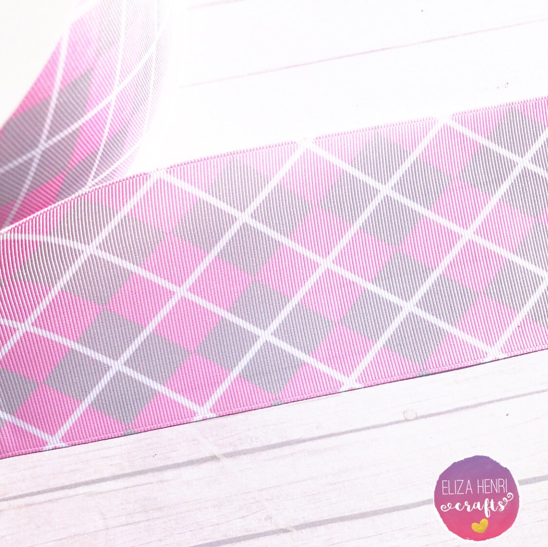 Pink, White & Grey Plaid Grosgrain Ribbon 2'' or 3'' - Eliza Henri