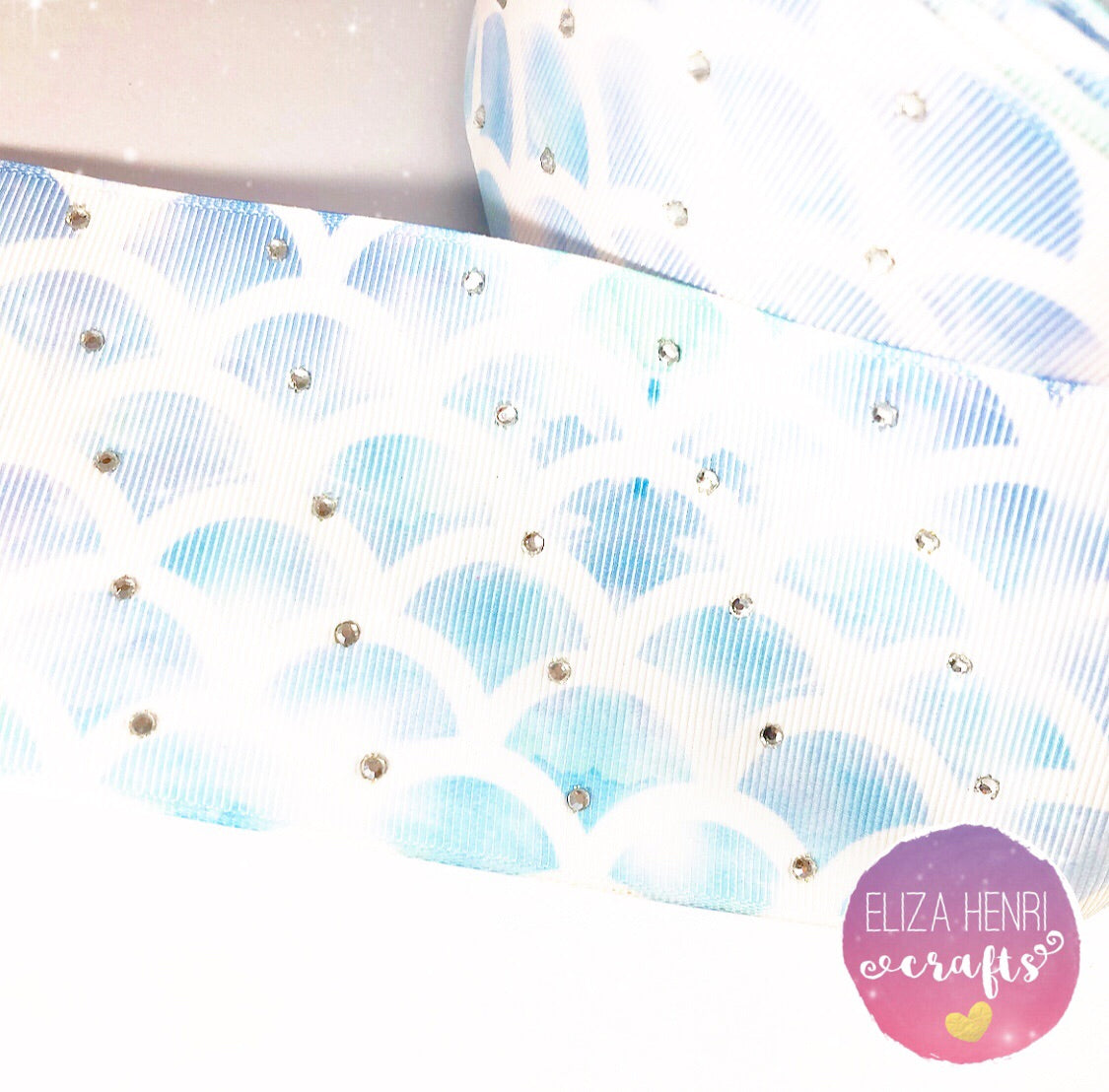 Diamonte pale Blue Mermaid Scales Grosgrain Ribbon 3'' - Eliza Henri