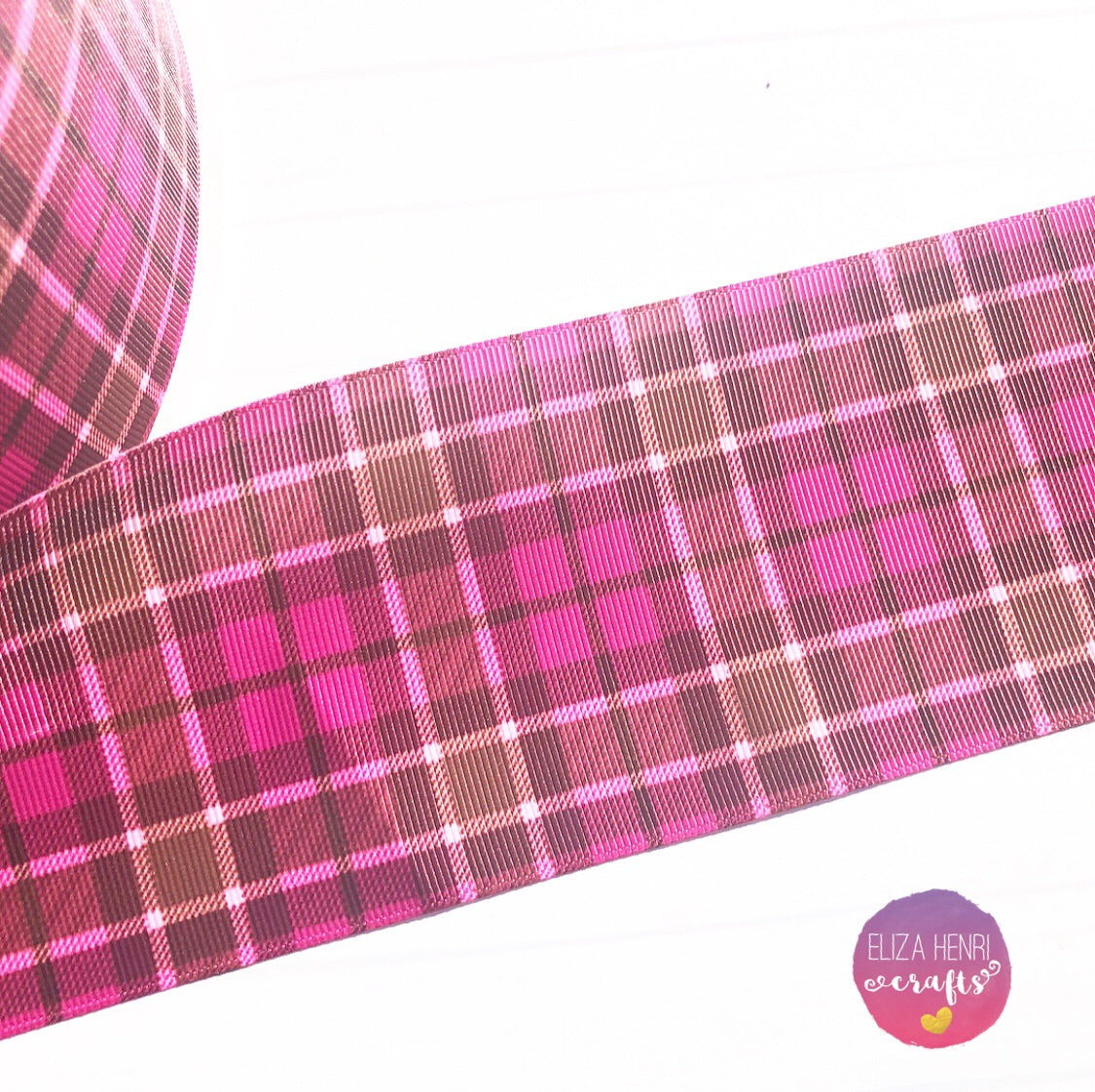 Pink, Black & Brown Tartan Grosgrain Ribbon 2'' or 3'' - Eliza Henri