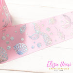 Baby Pink Holographic Shells & Mermaid Tails Foil Grosgrain Ribbon 3'' - Eliza Henri