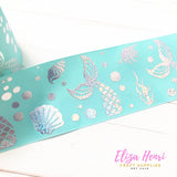Mint Holographic Shells & Mermaid Tails Foil Grosgrain Ribbon 3''