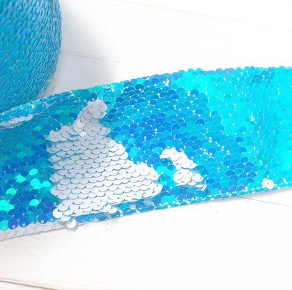 Mermaid Blue iridescent Sequin Reversible Ribbon 3'' - Eliza Henri