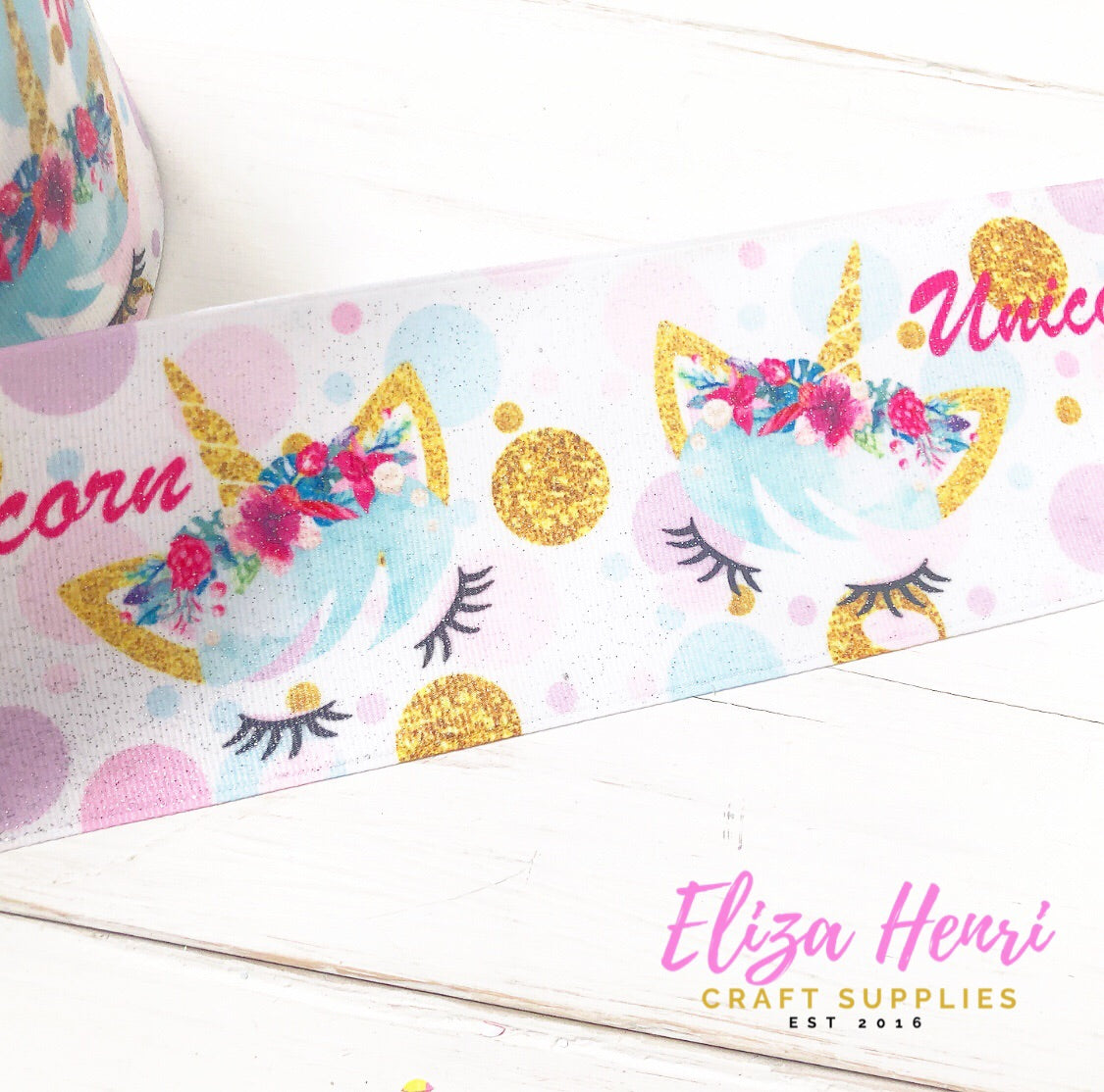White Unicorns Glitter Grosgrain Ribbon 3'' - Eliza Henri